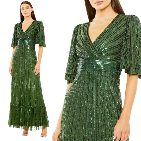 Mac Duggal Dresses & Skirts - Mac Duggal 23010 Size 8 Green Flutter Sleeve Deep V Ruffle Hem Sequin Gown Dress
